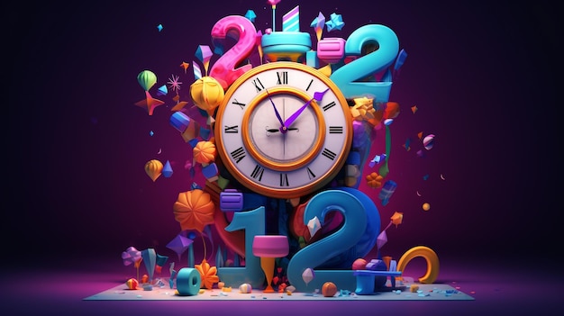 Kleurrijke 3D-illustratie van het nieuwe jaar 2024