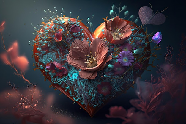 Kleurrijke 3d Valentine-harten met bloemenelementen en bokeh-effect