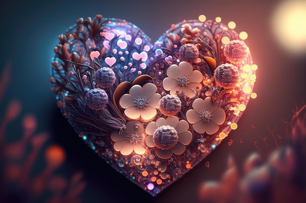 Kleurrijke 3d Valentine-harten met bloemenelementen en bokeh-effect