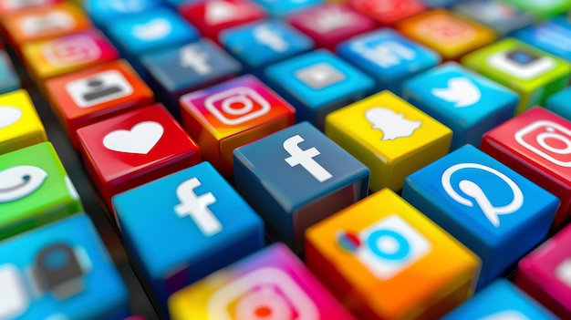 Foto kleurrijke 3d-weergave van populaire social media-logo's op glanzende afgeronde kubussen gerangschikt in een raster