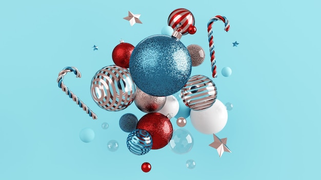 Kleurrijke abstracte moderne kerst ornamenten op blauwe achtergrond 3D illustratie