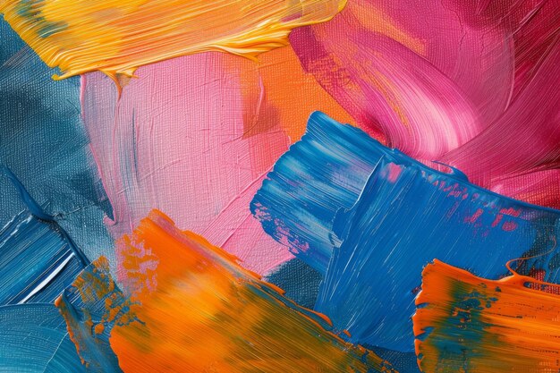 Kleurrijke abstracte schilderij met helderblauwe oranje roze en gele penseelstreken