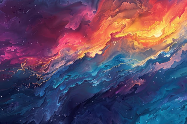 Kleurrijke abstracte schilderij met levendige wervelingen en een stormachtige hemel