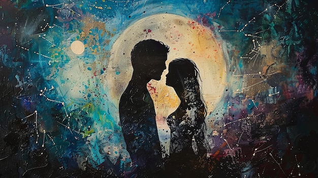 Kleurrijke abstracte schilderij van een silhouet echtpaar tegen een maanlicht nacht