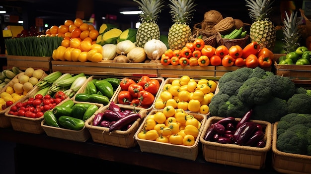 kleurrijke achtergrond met verse marktfruit en groenten met ananasworteltomaatbroccoli