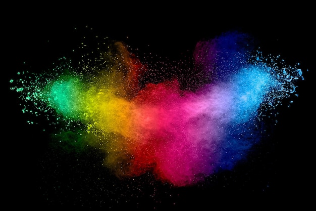 Kleurrijke achtergrond van pastel poeder explosie. Regenboog kleur stof splash op zwarte achtergrond.