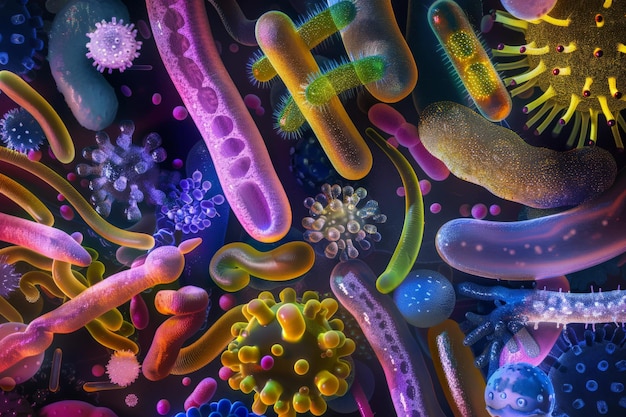 Kleurrijke afbeelding van bacteriën en micro-organismen Vibrant microbiologisch concept