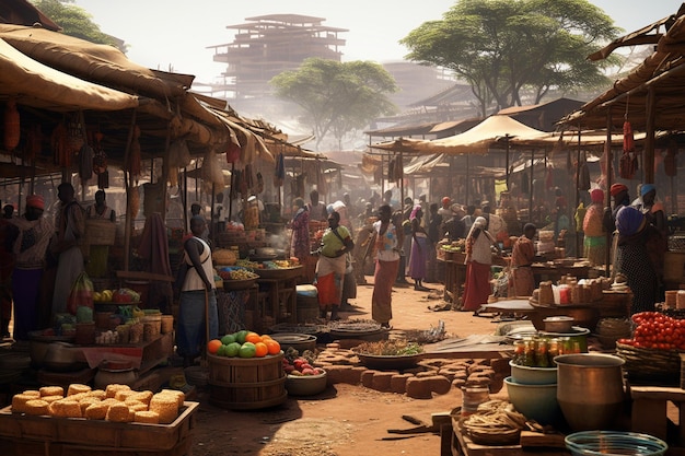 Kleurrijke Afrikaanse markt scène met bruisende activi 00059 00