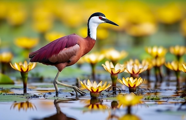 Kleurrijke Afrikaanse waadvogel met lange tenen naast violette waterlelie in water Generatieve AI