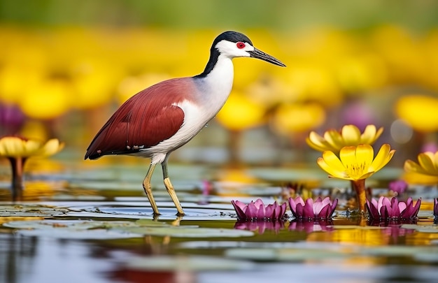 Kleurrijke Afrikaanse waadvogel met lange tenen naast violette waterlelie in water Generatieve AI