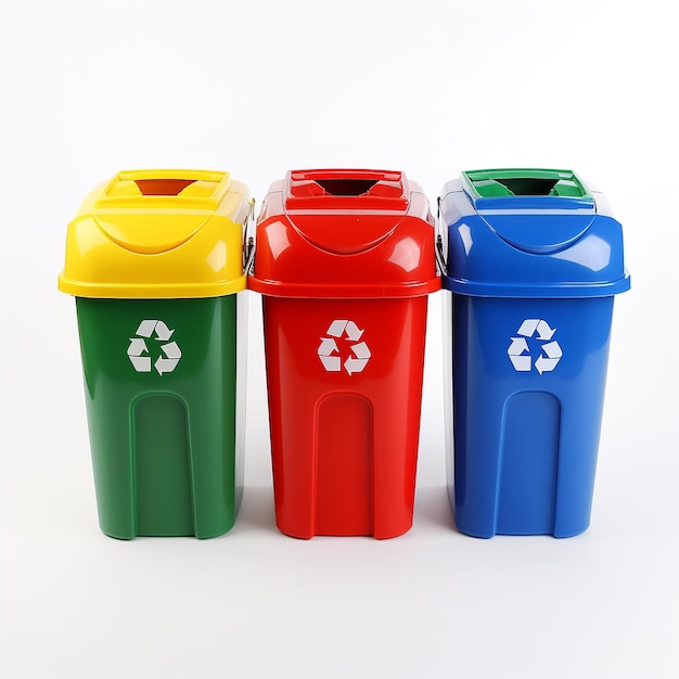 Kleurrijke afvaloplossingen Vier plastic vuilnisbakken in rood geel groen en blauw
