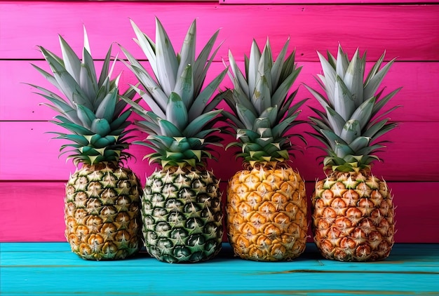 kleurrijke ananas op roze houten achtergrond in de stijl van gedurfde kleurkwaliteit