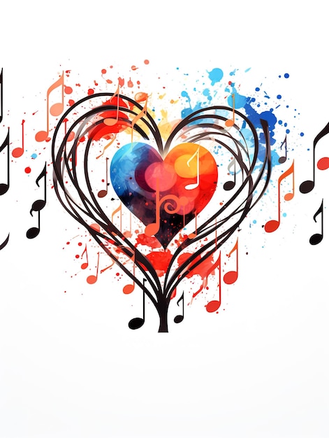 Foto kleurrijke aquarel muzikale hart met noten en druppels verf