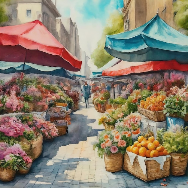 kleurrijke aquarel schilderij van de straat met bloemen