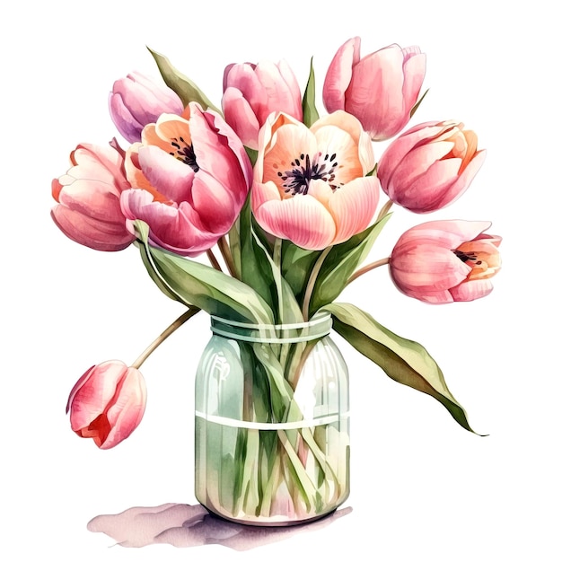 Kleurrijke aquarel Tulpen boeket in een glazen vaas op een witte achtergrond Generatieve AI
