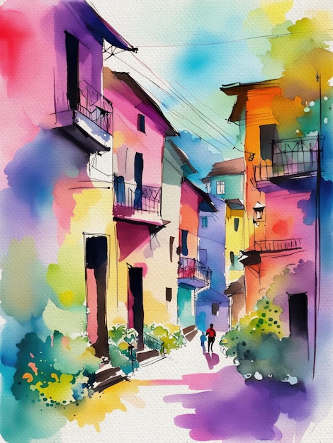 Kleurrijke aquarel van de stad Medellin Colombia