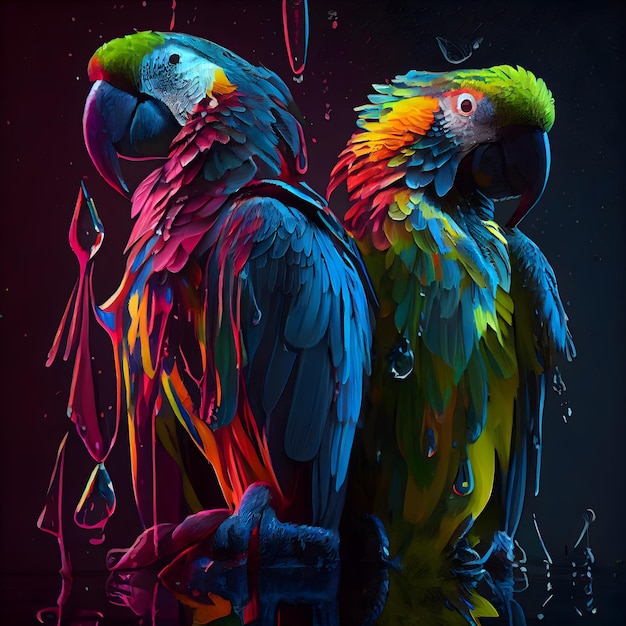 Kleurrijke ara papegaaien met waterdruppels op een zwarte achtergrond
