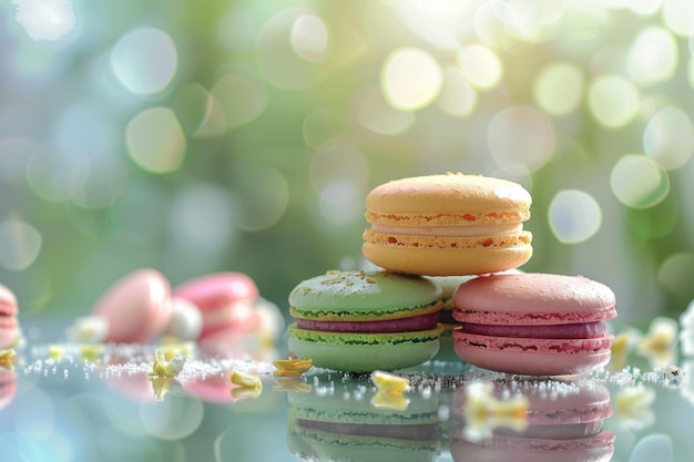 Kleurrijke assortiment van Franse macarons tentoongesteld op een glanzend oppervlak met een zachte bokeh achtergrond