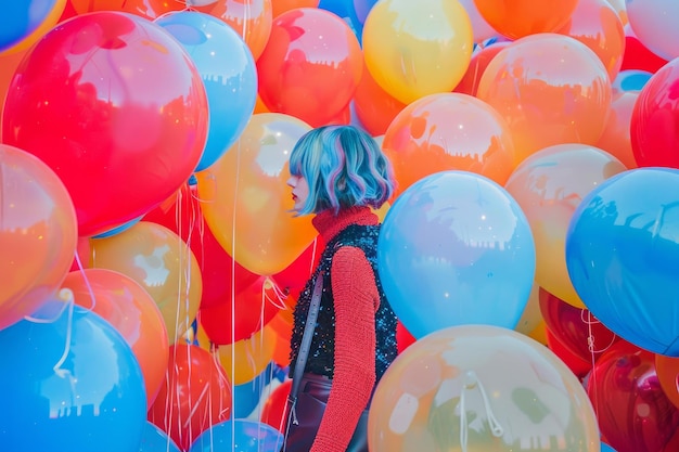 Foto kleurrijke ballon achtergrond met trendy vrouw