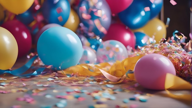 Foto kleurrijke ballonnen, confetti en linten op een houten achtergrond