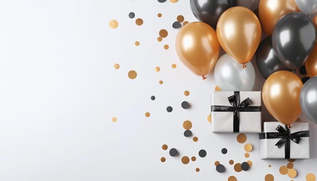 Foto kleurrijke ballonnen en geschenken rond confetti top view nieuwjaarsavond heldere achtergrondbanner met ruimte voor uw eigen inhoud