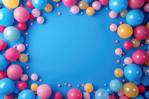 kleurrijke ballonnen frame op blauwe achtergrond met kopieerruimte