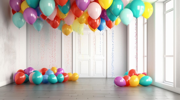 Kleurrijke ballonnen in een kamer met de deur open.