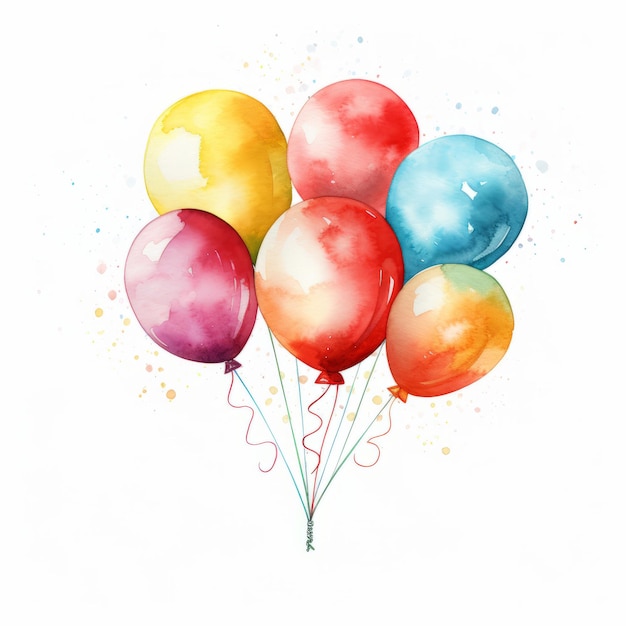 Kleurrijke ballonnen met linten op witte achtergrond Aquarel illustratie