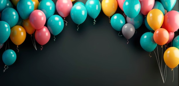 Kleurrijke ballonnen op een zwarte achtergrond 3D illustratie Horizontale banner Terug naar school