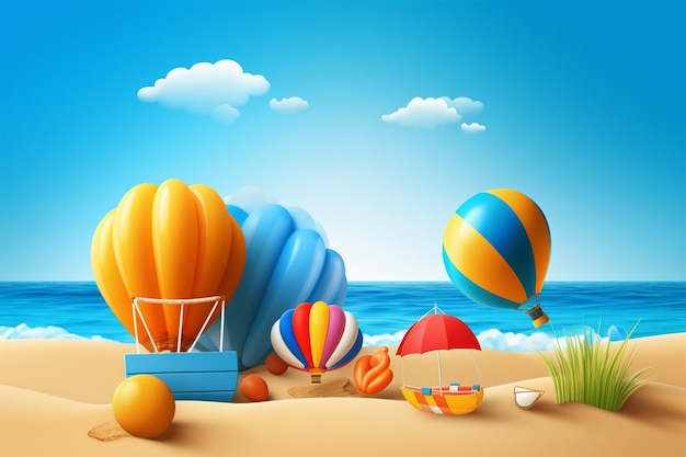 Kleurrijke ballonnen op het strand met een blauwe lucht en wolken generatieve ai