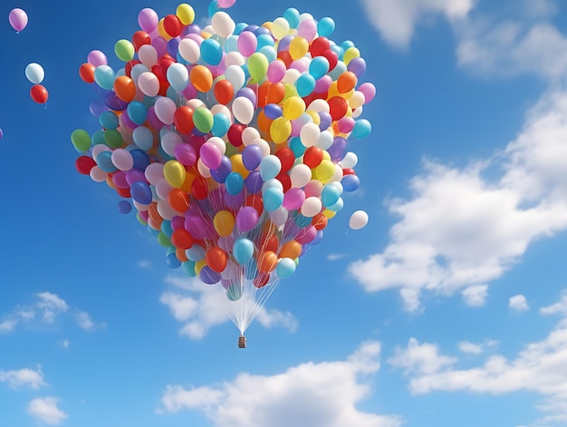 Kleurrijke ballonnen vliegen in de blauwe lucht