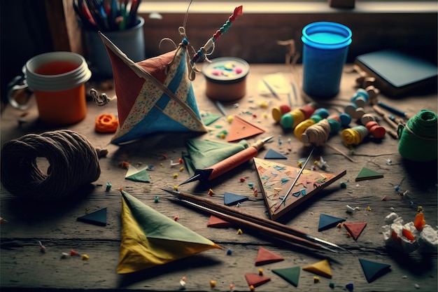 Foto kleurrijke ballonvliegers op tafel ter voorbereiding op feestversieringen