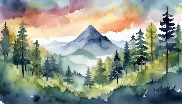 Kleurrijke berglandschap aquarel Bergpiek en dennenbomen Natuur schoonheid illustratie