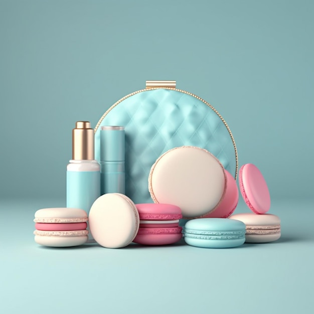 Kleurrijke bitterkoekjes macarons make-up kwasten en cosmetica op pastel achtergrond