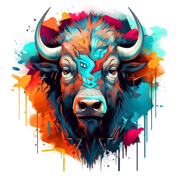 Kleurrijke bizon op schone achtergrond DTG Printing DTF Transfer Sublimation ontwerpen Buffalo Clipart Wilde dieren Illustratie Generatieve AI