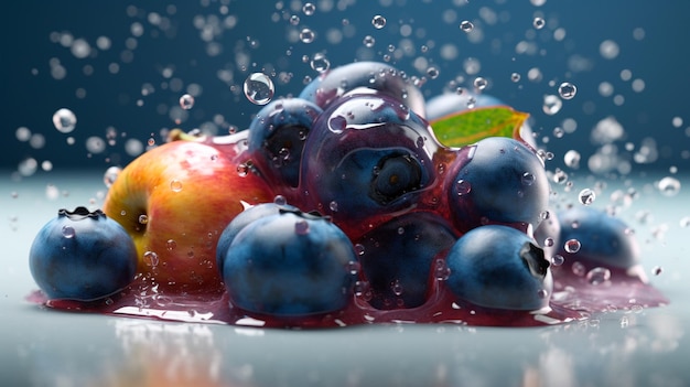 Kleurrijke blauwe bessen fruit splash art gemaakt met Generative AI illustrator