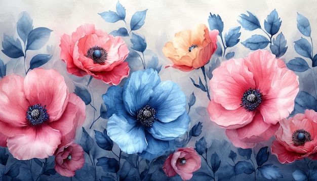 Kleurrijke blauwe en roze bloem aquarel patroon achtergrond Wallpaper Valentijnsdag Banner