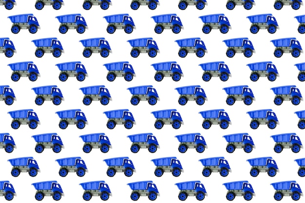 Kleurrijke blauwe plastic dumper tip vrachtwagen auto speelgoed geïsoleerd op een witte achtergrond stilleven naadloze patternmockup sjabloon speelgoed voor kinderen jongens meisjes kinderen ontwikkeling spelen jeugd