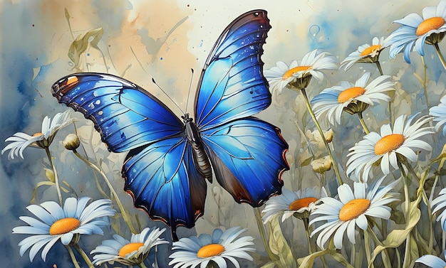 kleurrijke blauwe tropische morpho vlinder op delicate daisy bloemen geschilderd met waterverf verf