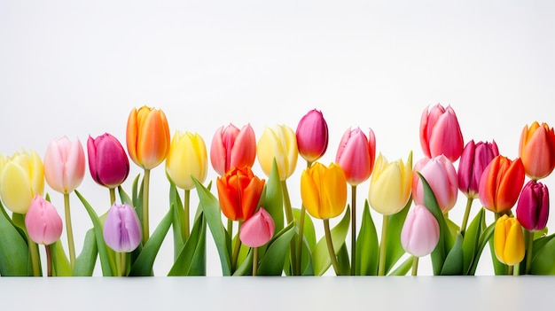 Kleurrijke bloeiende tulpen met bloemstengels en bloemknoppen op witte achtergrond Generatieve AI