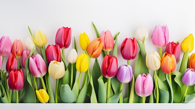 Kleurrijke bloeiende tulpen met bloemstengels en bloemknoppen op witte achtergrond Generatieve AI