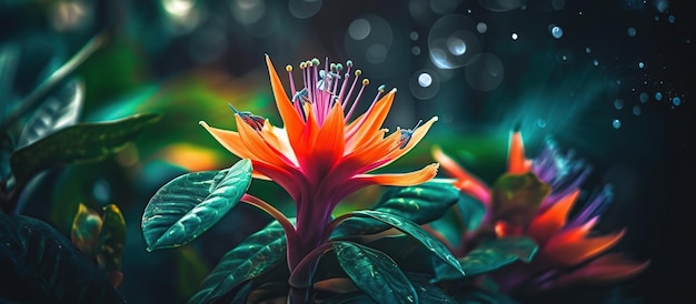 Kleurrijke bloem op de donkere tropische achtergrond van de gebladerteaard