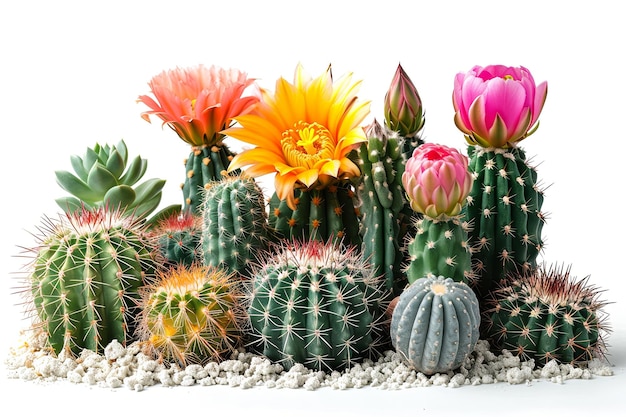 Kleurrijke bloemcactusplanten en cactuspotten ingesteld op witte achtergrond