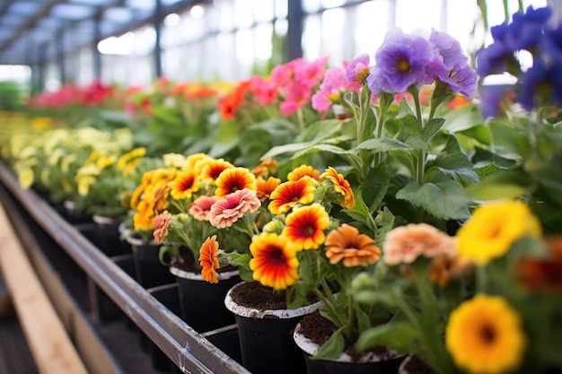 Foto kleurrijke bloemen bloeien in een kasrekopstelling