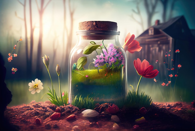Kleurrijke bloemen bloeien vanaf de grond in de glazen fles met lucht illustratie fantasie achtergrond Eerste dag van de lente en Schoonheid in de natuur concept art Generatieve AI