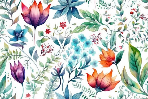 Kleurrijke bloemen en bladeren geschilderd met aquarellen Generatieve AI