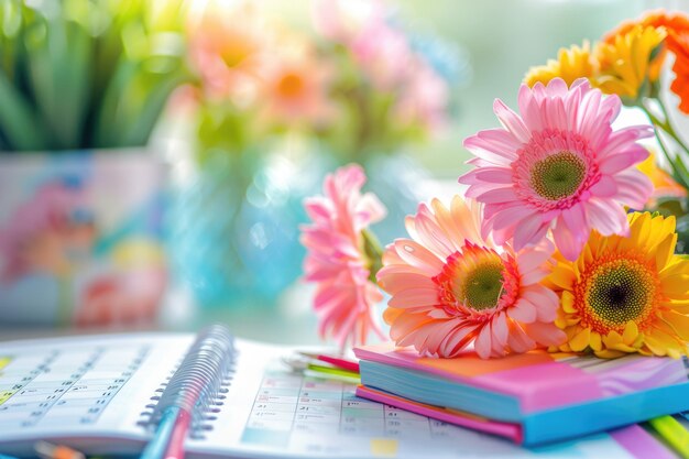 Foto kleurrijke bloemen en kalenders