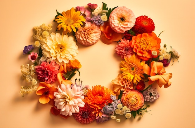 Kleurrijke bloemen gerangschikt in een cirkel op een lichtbeige achtergrond