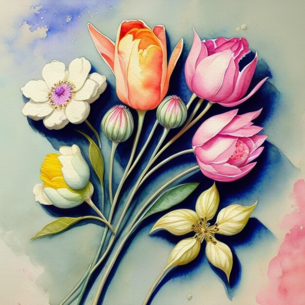 kleurrijke bloemen in een aquarelstijl getekend op een gestructureerde achtergrond in matte pastelkleuren