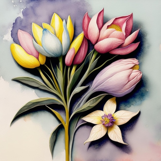 kleurrijke bloemen in een aquarelstijl getekend op een gestructureerde achtergrond in matte pastelkleuren